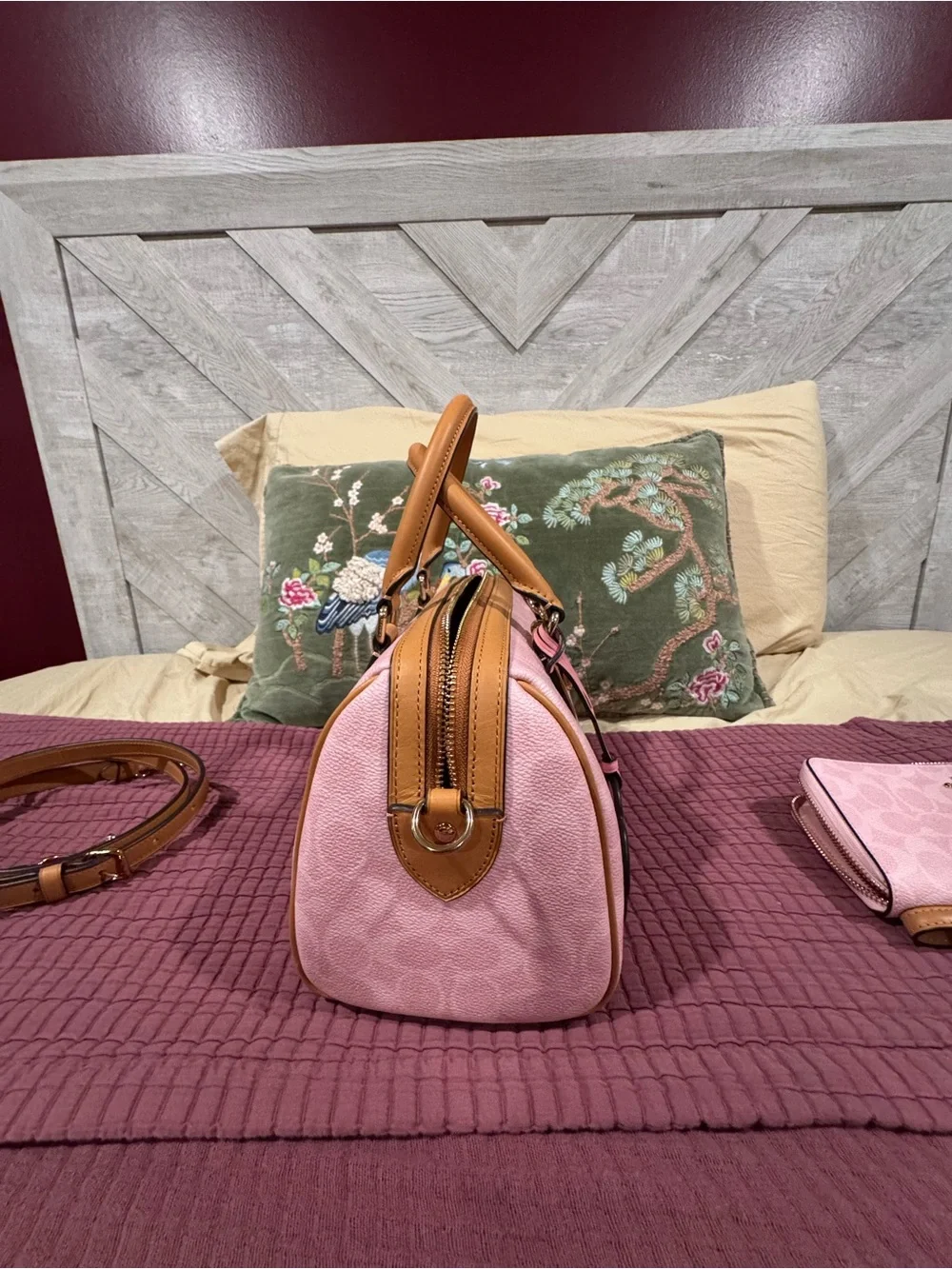 COACH Powder Pink Signature Satchel with Tan Leather Trim and Matching Wristlet